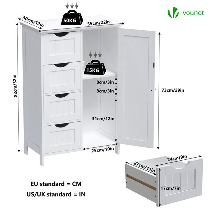 VOUNOT® Meuble bas de salle de bain 55x30x82cm - Armoire de rangement avec 4 tiroirs, 1 porte, 1 étagère réglable - Blanc