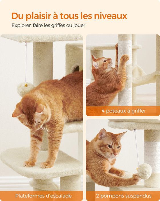 Feandrea Arbre à Chat Hauteur 112 cm, avec 4 Poteaux à Griffer, 2 Plateformes, 1 Niche, 1 Hamac, 2 Pompons, Multi-Niveaux, Beige