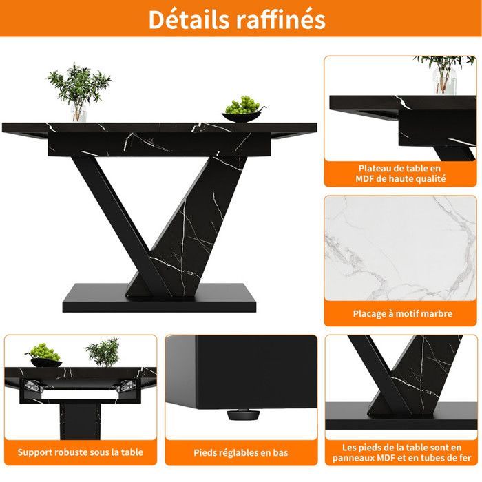 Table à Manger Extensible (120-160x75x75.5cm), Table de Cuisine Peu encombrante, Table à Manger avec Motif de Marbre Noir,pour