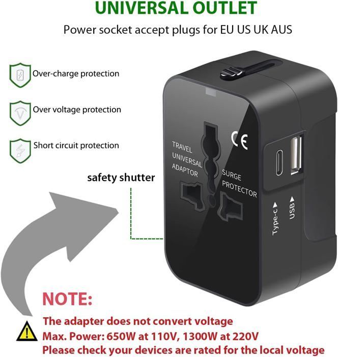 Adaptador de enchufe de viaje universal, con USB C, adaptador universal de Francia a EE. UU., UE, Reino Unido, Alemania, Australia, China y Japón, color negro.