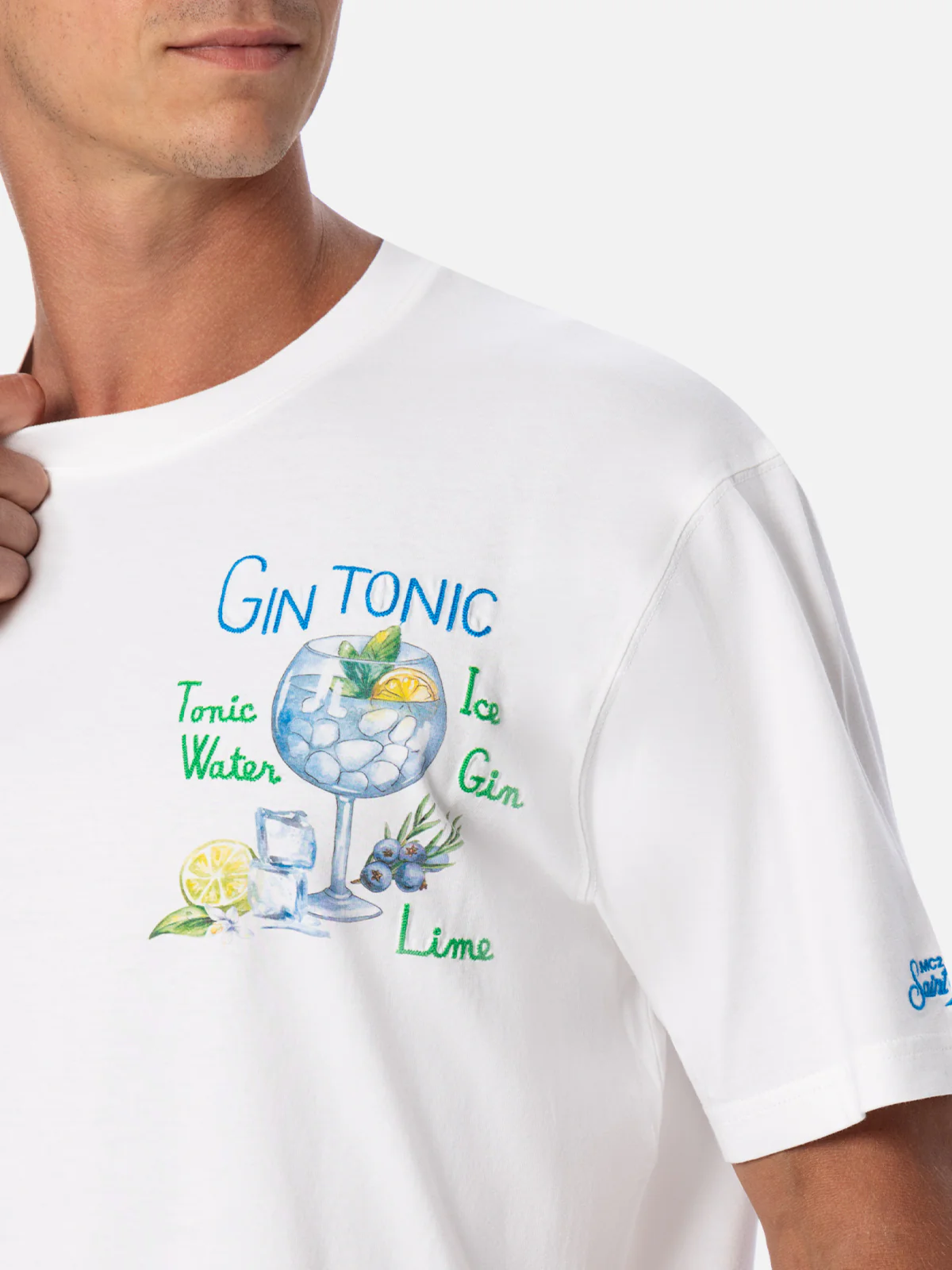 Wit katoenen T-shirt met ronde hals voor heren | Gin Tonic print en borduurwerk | Klassieke pasvorm | Lichtgewicht en comfortabel | Geborduurd logo | MC2 Saint Barth