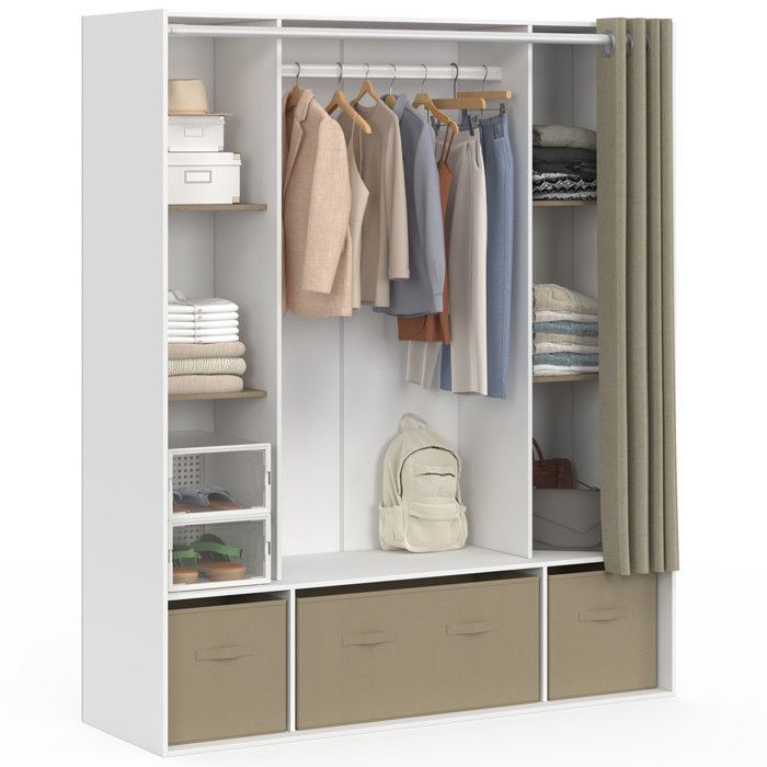 Guarda-roupa duplo IDMARKET DIANE, 140 x 45 x 167 cm, branco, com prateleiras, caixas de arrumação e cortina bege.