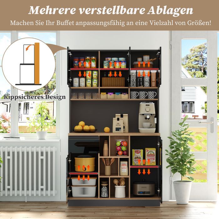 Aparador/Buffet Alto para Cozinha com Gaveta, Prateleiras Ajustáveis, Ideal para Bar de Café, Preto, 105×45×185 cm