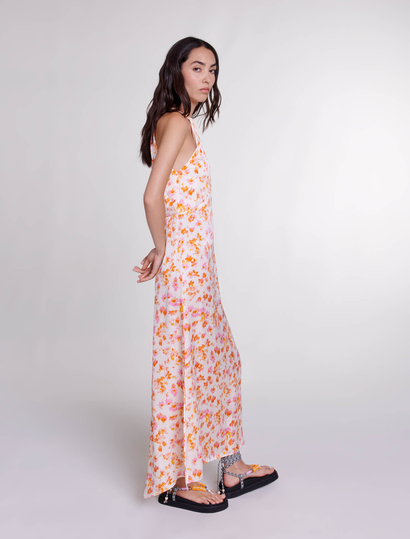 Lange jurk met bloemen- en satijnenprint - oranje print