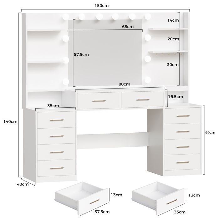 Grande Coiffeuse 150 × 40 × 140cm, avec Miroir LED, 2 Prises et 2 Ports USB, 10 Tiroirs de Rangement, Blanc, Adulte et Enfant