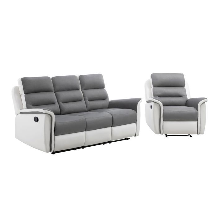 Sofá reclinable de 3 plazas y 1 sillón LÉOn'en de piel sintética blanca y gris - LOUNGITUDE