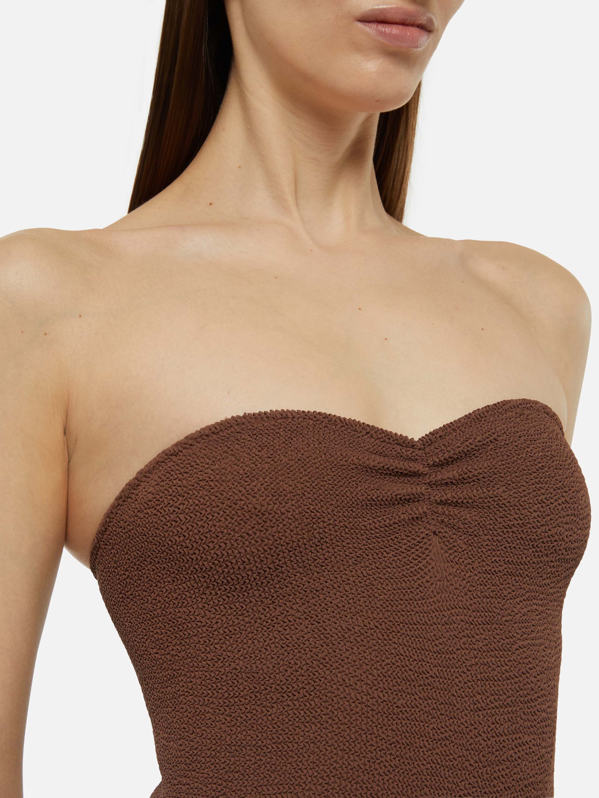 Soleil bruin strapless badpak met kreukelstructuur