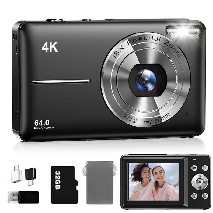 Fotocamera digitale 4K, fotocamera compatta portatile da 64 MP, scheda da 32 GB, schermo LCD da 2,4