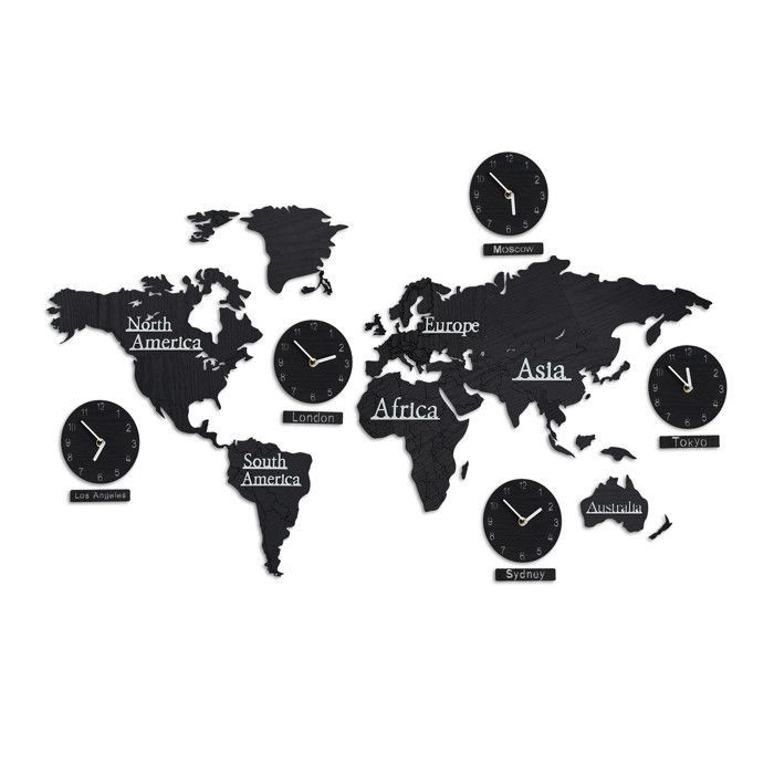 Relaxdays Mappa del mondo in legno con 5 orologi, 10 città 3D, modello di mappa della Terra, HxL 61 x 113 cm, vari colori disponibili