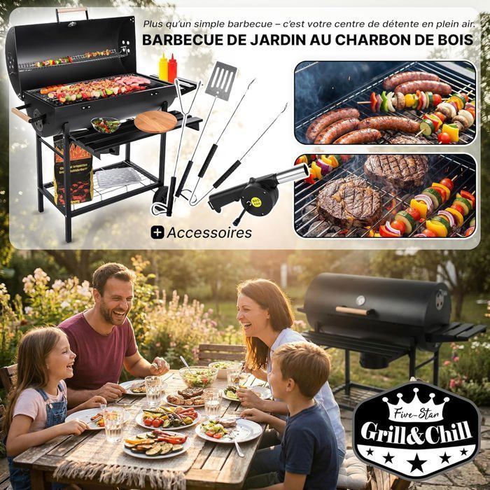 Barbecue a carbone Five-Star Grill & Chill - Barbecue da giardino, griglia a carbone grande cromata 71×35 cm, GC0002