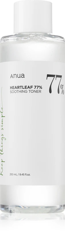 Anua Heartleaf 77% nomierinošais toneris ir attīrošs un nomierinošs toneris, kas atjauno ādas aizsargbarjeru.