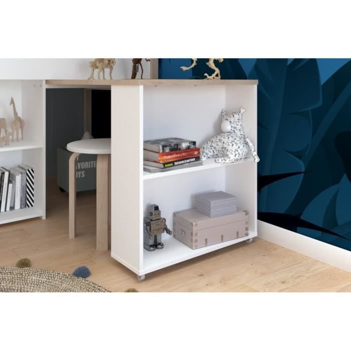 Cama infantil combinada con escritorio retráctil - PARISOT - LIAM - Blanco y roble - Base de láminas incluida - 90x200 cm