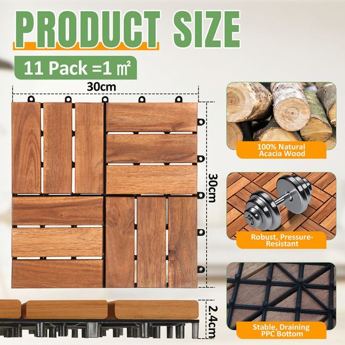 Daromigo Set aus 44 Holzterrassenfliesen, 12 Latten, 4 m², 30 x 30 cm, zum Aufclipsen