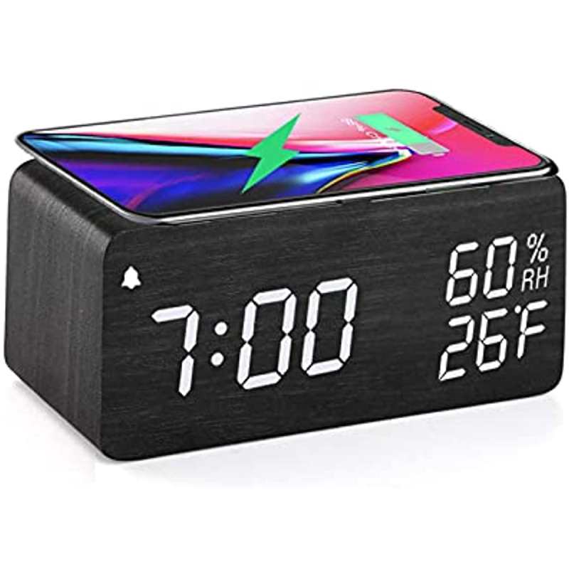 Houten wekker met draadloos opladen, 3 alarmen, led-display, geluidsregeling en snooze-functie voor slaapkamer, nachtkastje of kantoor (zwart)
