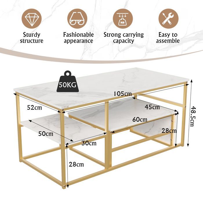 Mesa de centro para salón - con tablero blanco y patas doradas - mesa de centro moderna - mesa de centro de mármol - Cuadrada - 105x52x48 cm