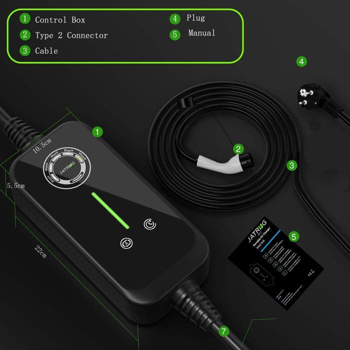 JATRHG EV Chargeur 10M 3.6KW-1.5KW 16A|13A|10A|8A Type 2 Câble de Charge Voiture Electrique Portable Courant Commutable chargeur EV
