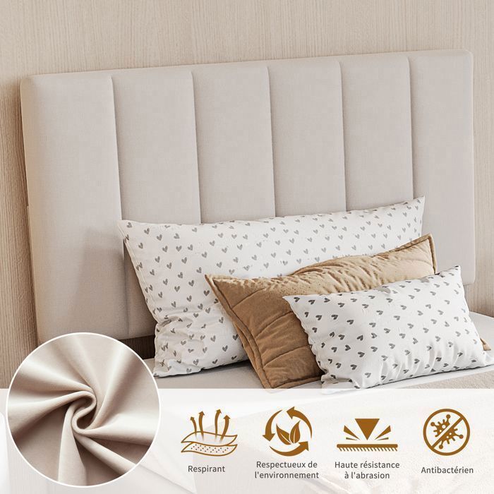 Opbergbed 90x200cm, eenpersoonsbed, bed van 90 x 200 cm met lattenbodem en opbergruimte, kinderbed, bedframe, beige, linnen
