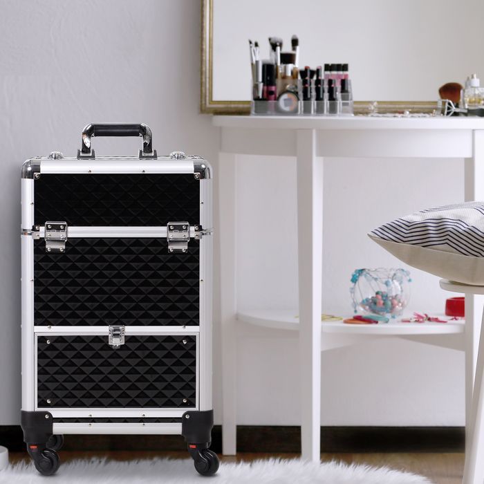 Maletín de maquillaje con ruedas - HOMCOM - neceser cosmético con asa telescópica ajustable - aluminio - 34x25x62cm - negro