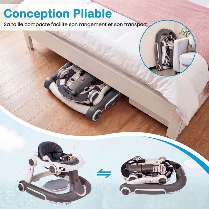 Andador convertible para bebé COSTWAY 7 en 1 - Altura y velocidad ajustables - Luces y música - Asiento extraíble y antivuelco - Gris y blanco