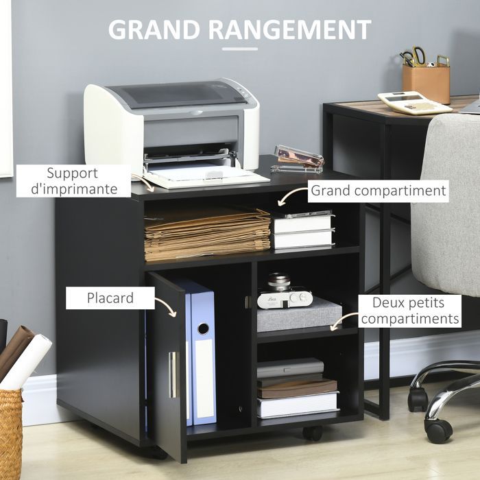 Soporte para impresora - organizador de escritorio - HOMCOM - armario con puerta, 3 compartimentos + tapa grande - aglomerado - negro