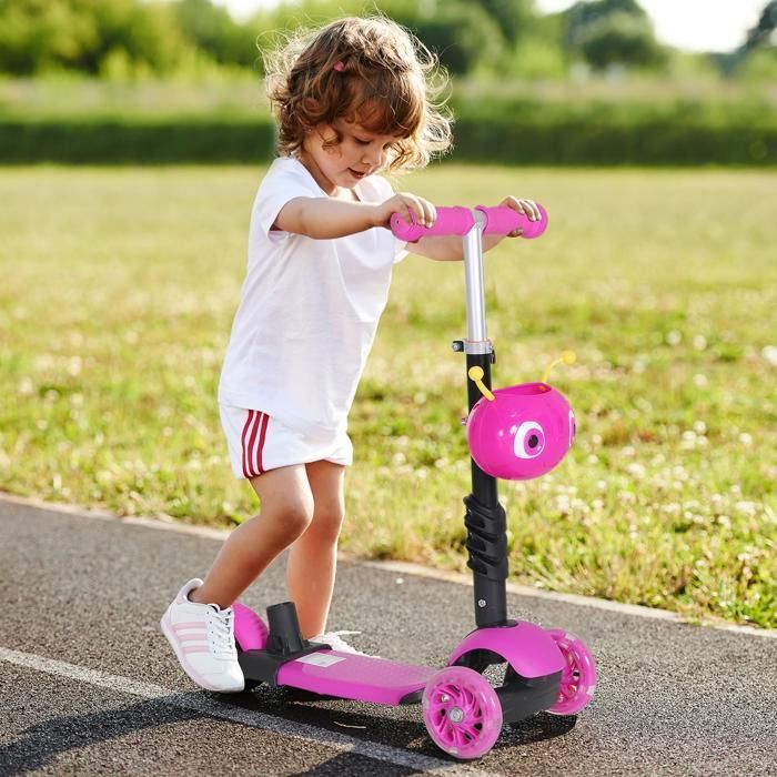 Children's Scooter - HOMCOM - 5-in-1 Convertible Scooter with 3 Wheels, Adjustable Handlebar, Push Handle, Removable Seat - PP - Pink
