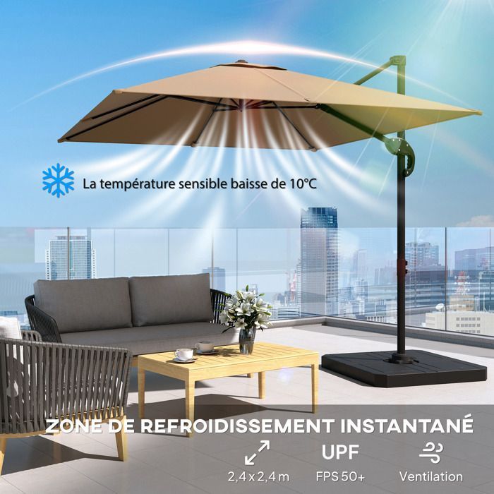 Ombrellone a braccio laterale - ombrellone da giardino per esterni - Outsunny - base e piastre zavorrate - palo in alluminio e rotazione a 360° tramite pedale - kaki