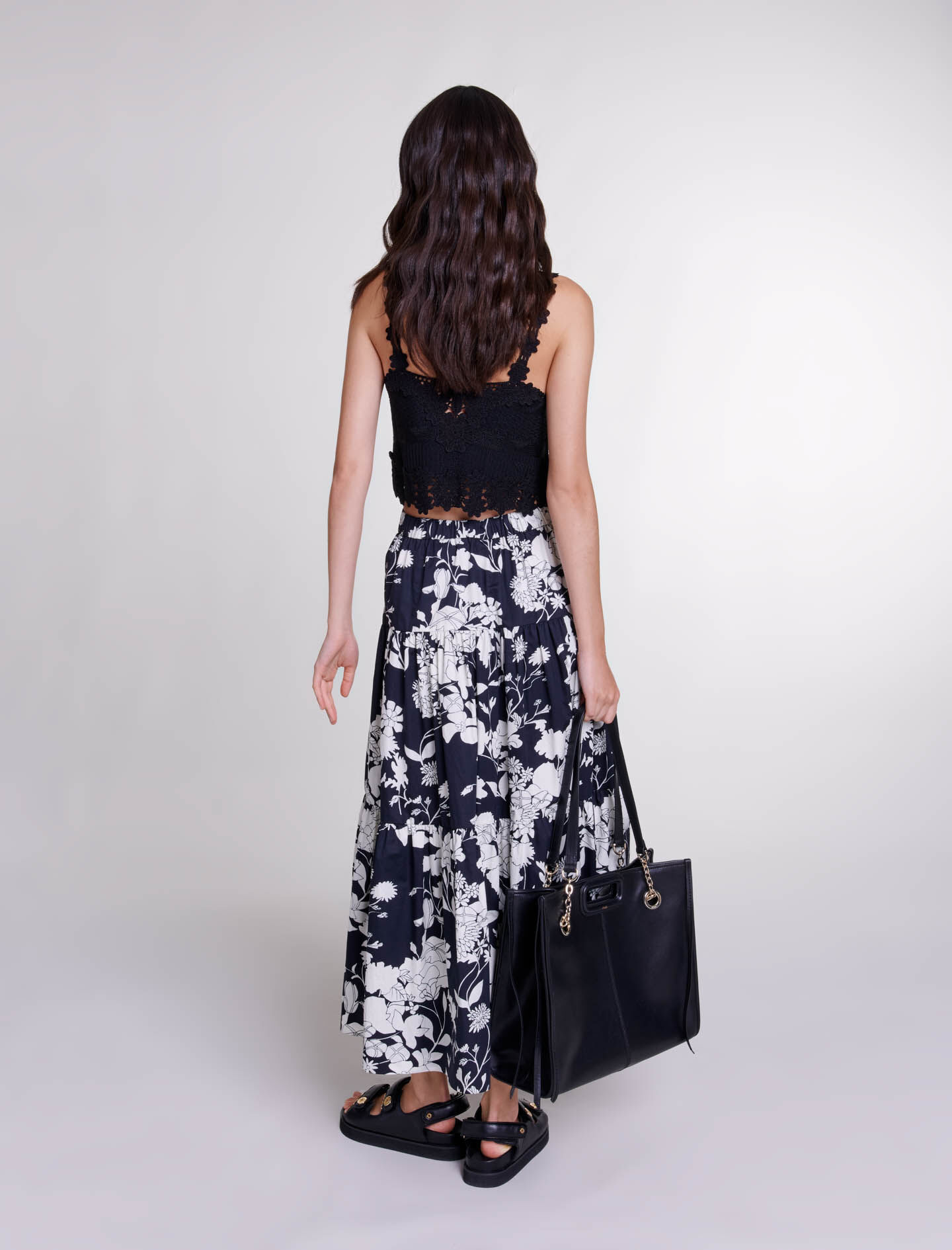 Lange rok met bloemenprint - Bloemenprint écru noir