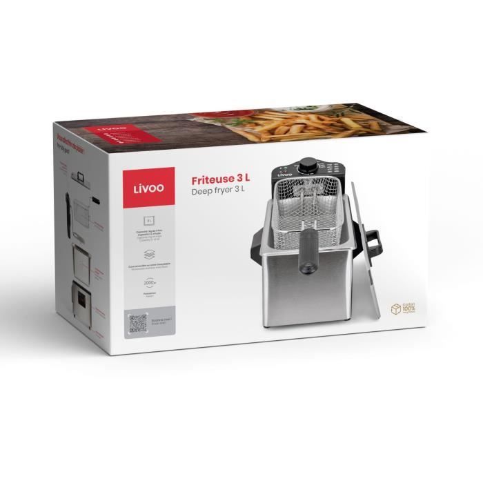 Friteuse 3 L - LIVOO - DOC216 - 2000W - 3L - Cuve amovible en acier inoxydable - Panier à friture amovible - Thermostat réglable