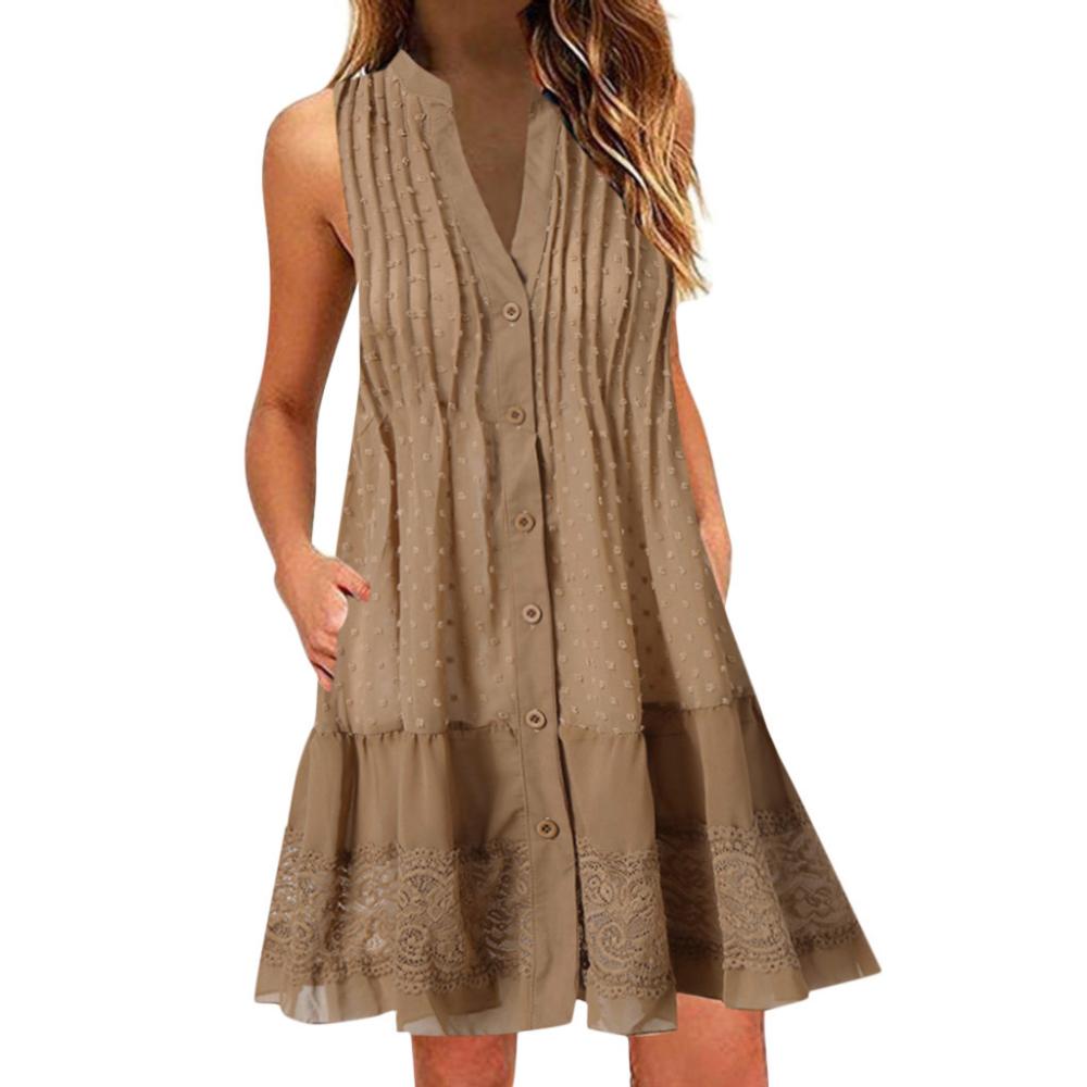 Robe d'été grande taille 2020 pour femme, col V, couleur unie, décontractée, avec poches, boutonnée, idéale au quotidien ou pour une soirée plage.