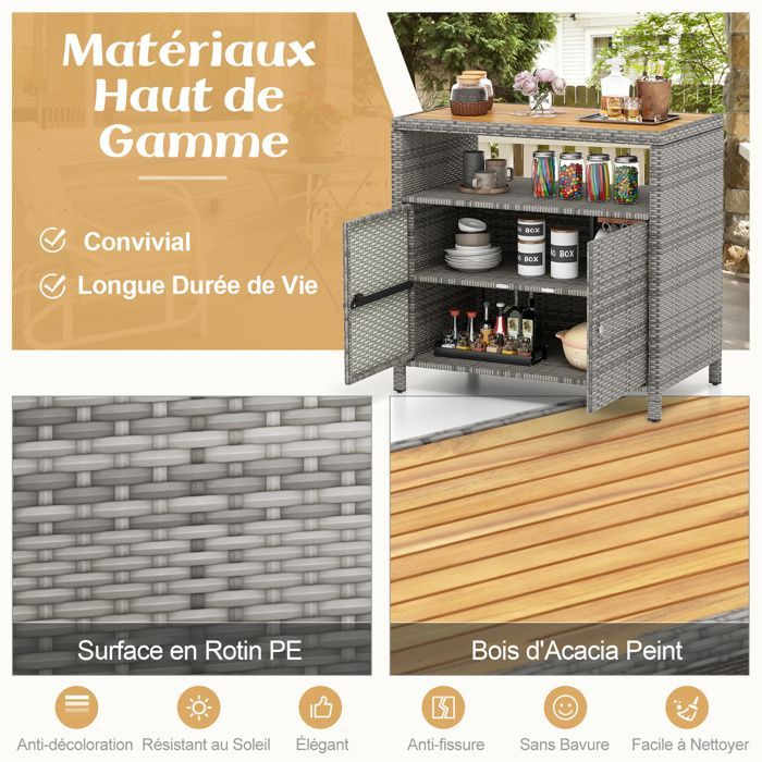 Baúl de almacenamiento de ratán COSTWAY con tapa de acacia, 2 puertas, armario de jardín de mimbre para piscina, terraza, patio, gris.