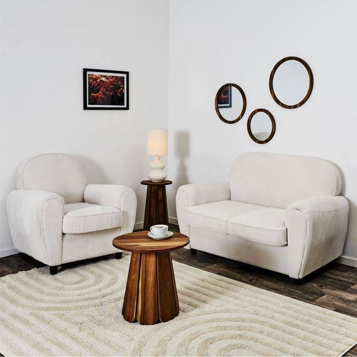 GANDY - Conjunto de sofá y sillón de dos plazas en tela de pana beige.