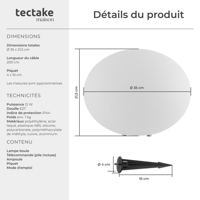 Lighting - TECTAKE - Globe lamp with LUMINOUS EYE LED bulb and remote control 12W - White - Size M 35 x 21.5 cm