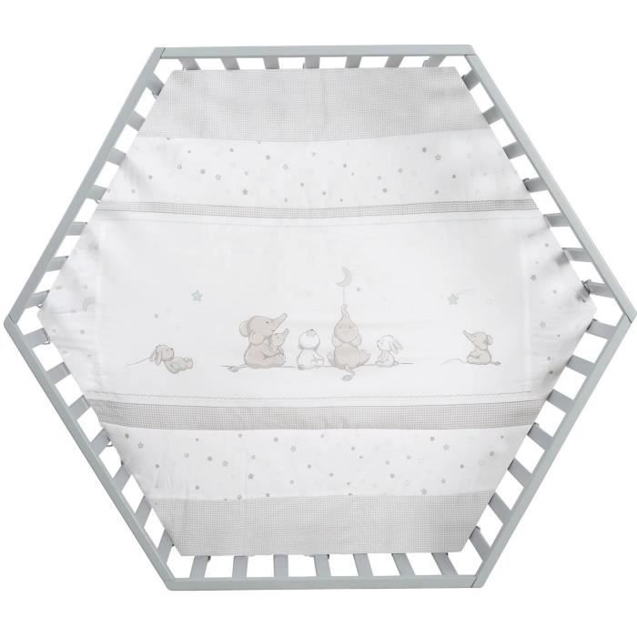 Parque infantil hexagonal convertible ROBA - STERNENZAUBER - Funda acolchada - Estampado de elefantes - 6 ruedas con freno - Madera lacada en gris