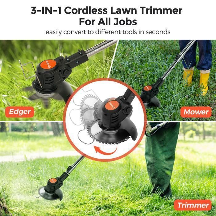 Desbrozadora inalámbrica POWTOOLS, de 21 V, con 2 baterías, 5 tipos de cuchillas, ruedas ajustables y mástil plegable.