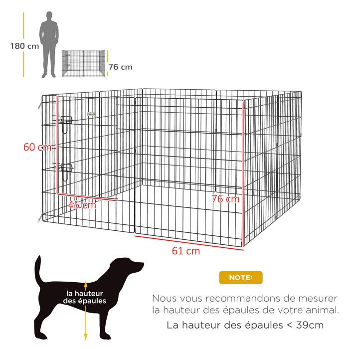Recinto modulare PawHut - per cani, conigli e roditori - Pieghevole - 1 porta - 8 pannelli - Metallo - 61x76 cm - Nero