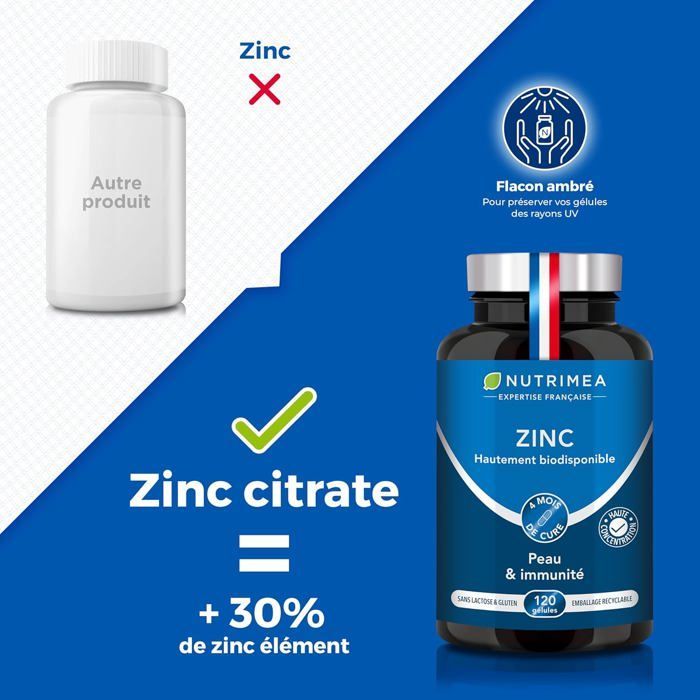 Zinc - 120 Gélules (Cure de 4 mois) Made in France - NUTRIMEA