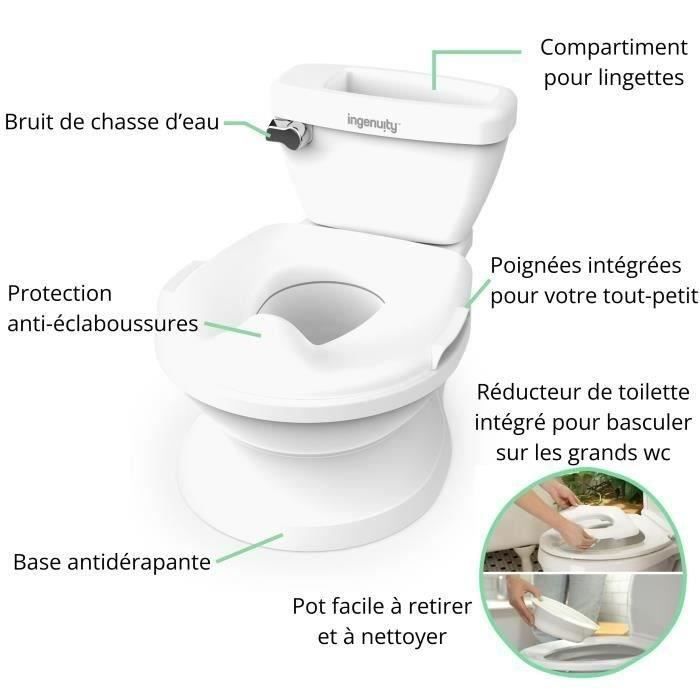 INGENUITY Mini-Kindertoilette mit WC-Sitzverkleinerer, musikalischer Spülung und integriertem Feuchttuchfach, Weiß