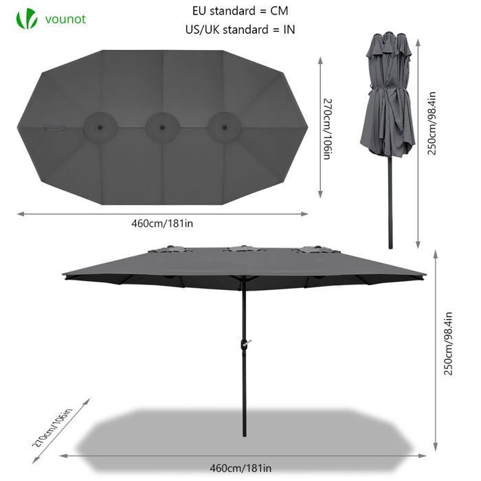 Sombrilla de jardín doble de aluminio VOUNOT® 460x270cm Gris - Protección UV 30+
