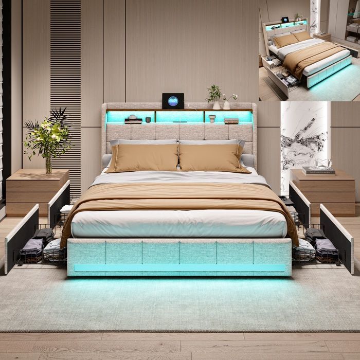 Cama doble 140x190 - HOFURNI - Moderna - 4 cajones - Recargable por USB - LED ajustable