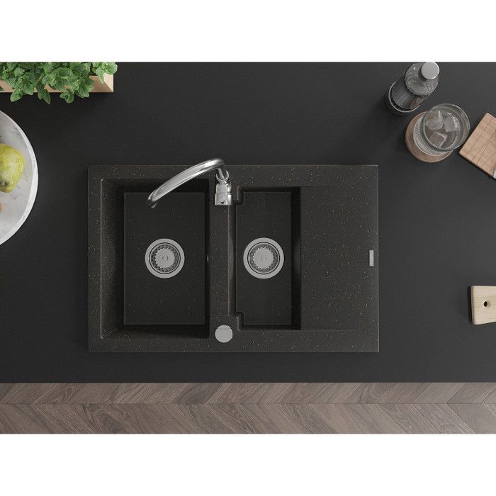 Mexen Gaspar 1,5 spoelbak van graniet met korte afdruiprek, 737 x 475 mm, zwart/metallic goud - 6507731505-75