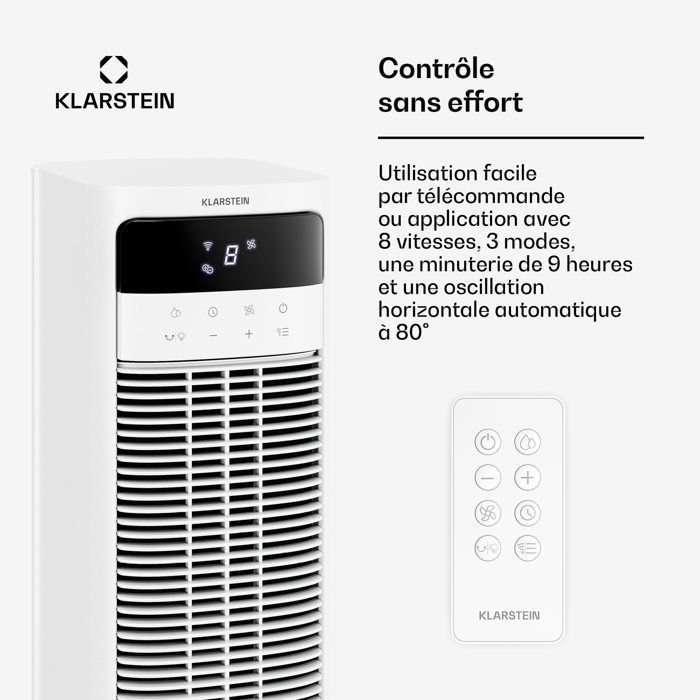 Ventilador inteligente Klarstein Mistral - 365 m³/h - 35 m² - 4 L - 3 modos - 36 W - Blanco