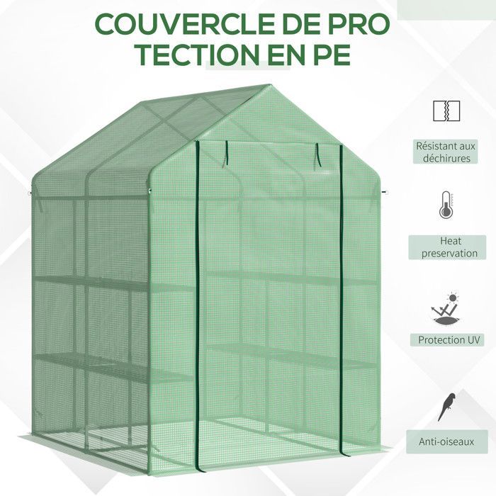 Outsunny Garden Greenhouse - with 3-Tier Shelves - Reinforced 140 g/m² PE Cover and Steel Frame - for Vegetables and Flowers - Green