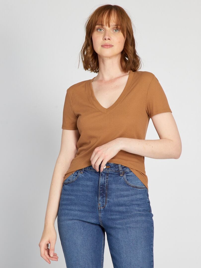 Camiseta de punto acanalado - Marrón
