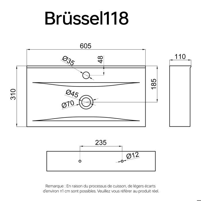 Lavabo de pared o de encimera doporro, lavabo suspendido, diseño Brüssel, 108 g, 62 x 32 x 11 cm, negro mate