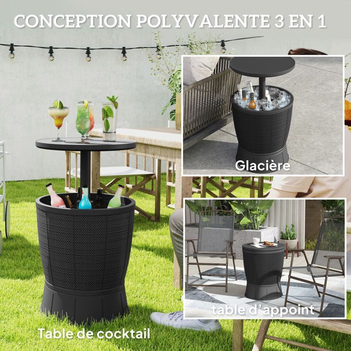Table à glacière - Outsunny - 3 en 1 - avec seau à glace, plateau télescopique - pour bière, vin,  jardin - Ø 49 x 58-84 cm - noir
