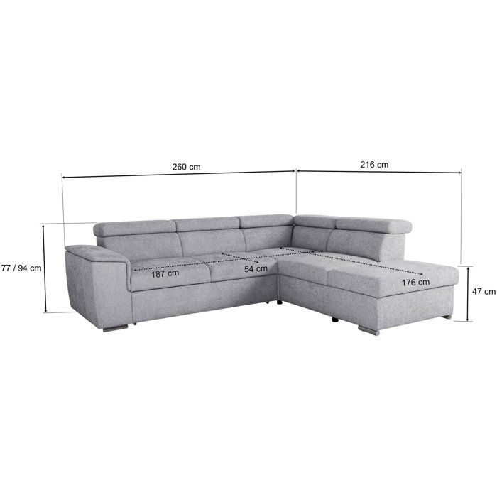 Canapé d'angle convertible réversible - 5 places - DAYTONA - Tissu Silver - Coffre - 260 x 216 x 94 cm