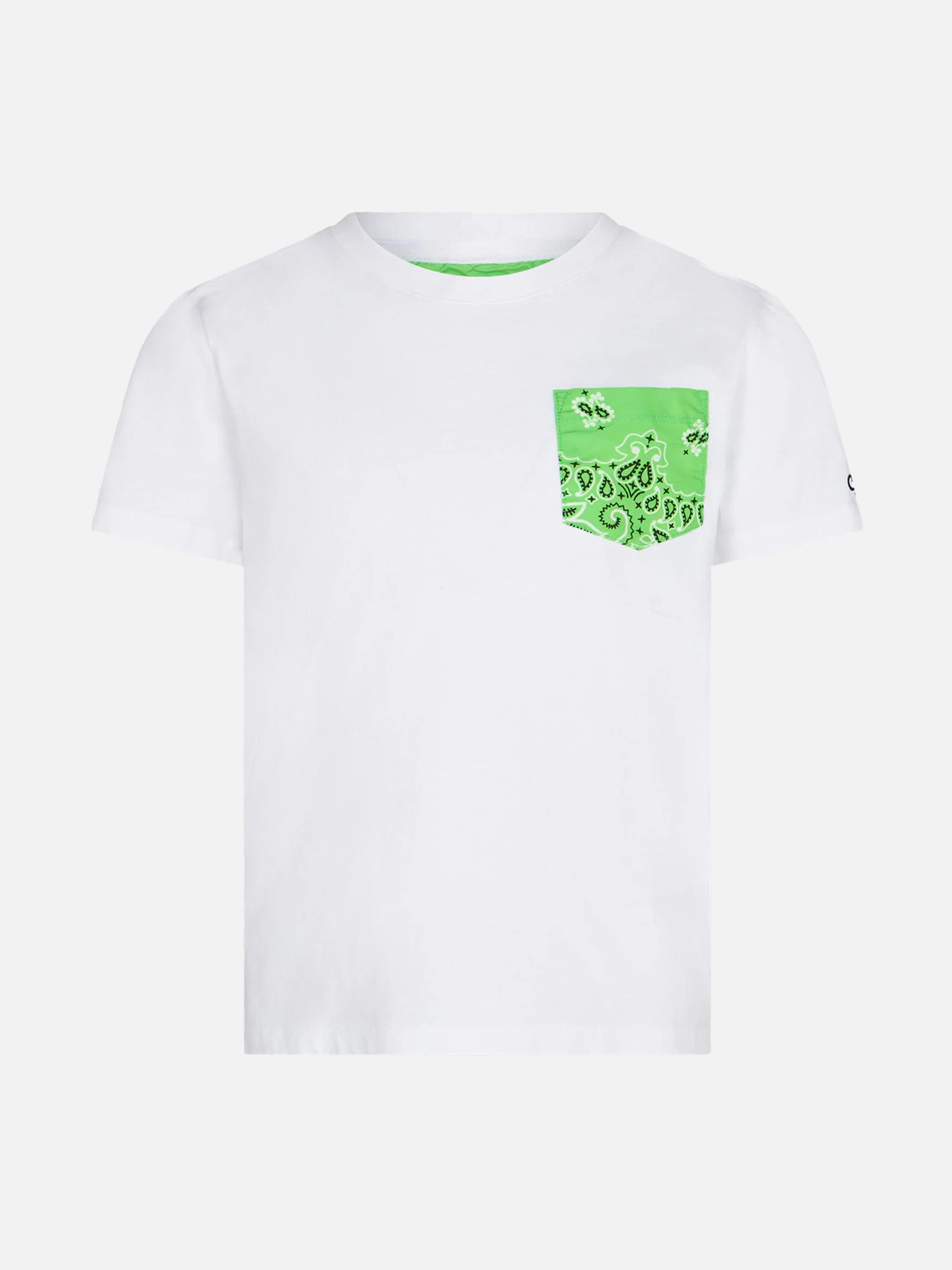 Kinder T-shirt van katoen met groene bandana-print op de zak.