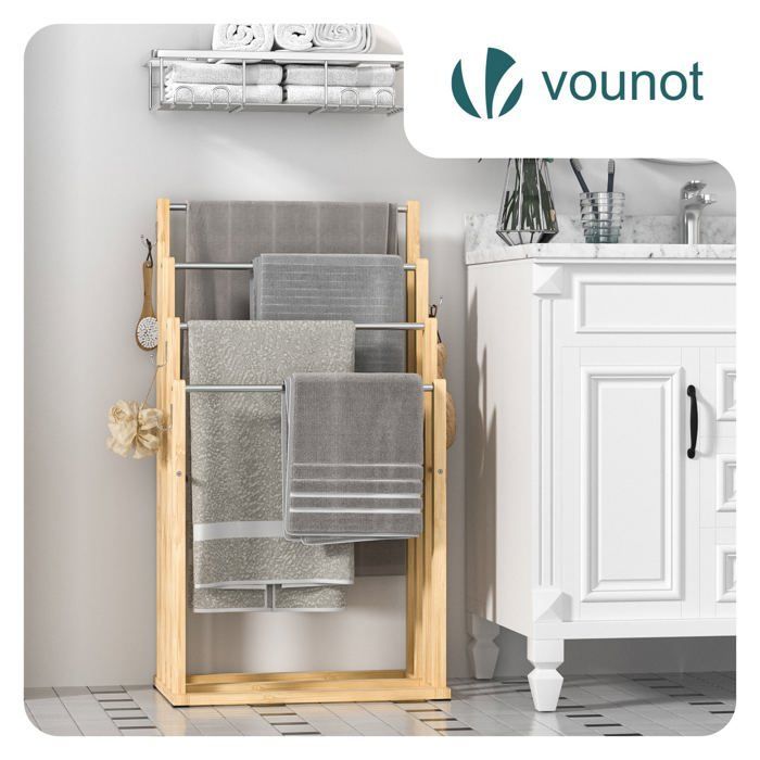 Suporte de toalhas de chão VOUNOT® - Suporte de 4 níveis com ganchos - Bambu