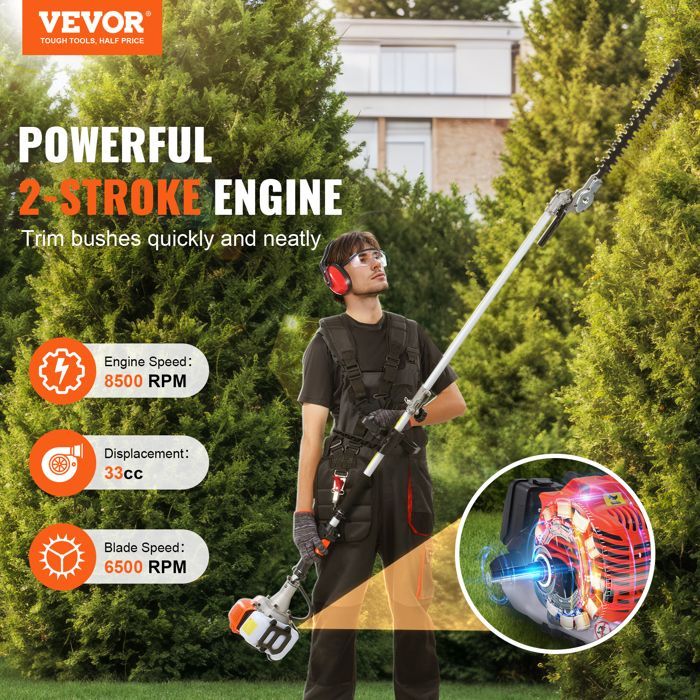Herramientas de corte - VEVOR - F33-B - Cortasetos a gasolina de 33 cc - Multifuncional 6 en 1 - Motor de 2 tiempos