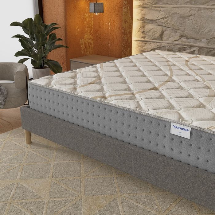 Conjunto de colchón y base de cama (120x190cm) - Muelles ensacados Essem y espuma de alta densidad de 25 cm de grosor + Base de cama de madera estable, Tela gris